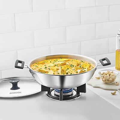 Borosil Cookfresh Tri-ply Stainless Steel Kadhai with Lid, Induction Friendly, 2.5 L, 24 cm Dia