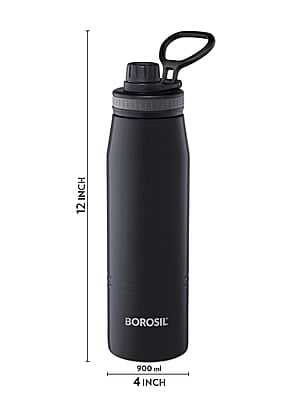 Borosil Hydra GoSports 900 ml Stainless Steel Wate Bottle | Double Wall Vacuum Insulated Flask, Black | 14 Hrs Hot & 18 Hours Cold | Ideal for Personal & Corporate Gifting