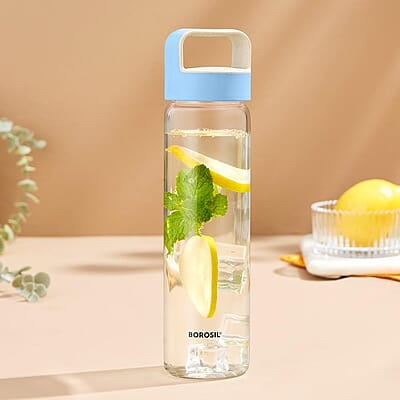 Borosil - Neo Glass Water Bottle|Fridge Bottle|Sports Bottle|Yoga Bottle|Outdoor|Picnic|Portable|Easy to Carry|Leak Proof|Resusable With Blue Handle, Transparent, Clear, See Through Bottle, 550 ML