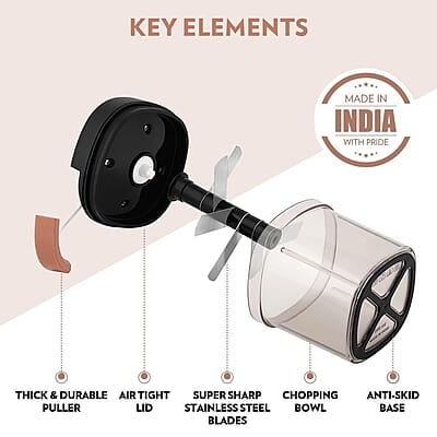 Borosil EazyPull Chopper with 6 Blades, Pull Chopper with Durable String, Mini Chopper for Kitchen, For Chopping Vegetables, Leafy Greens & Herbs, BPA-free, Unbreakable 900 ml Chopping Bowl