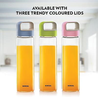 Borosil - Neo Glass Water Bottle|Fridge Bottle|Sports Bottle|Yoga Bottle|Outdoor|Picnic|Portable|Easy to Carry|Leak Proof|Resusable With Blue Handle, Transparent, Clear, See Through Bottle, 550 ML