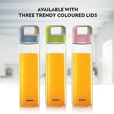 Borosil Crysto Glass Water Bottle, Water Bottle for Fridge Wide Mouth Borosilicate Glass Extreme Temperature Resistant For Hot & Cold Water, Milk, Lassi, Juice, Green Lid 750 ml, Stylish & Transparent