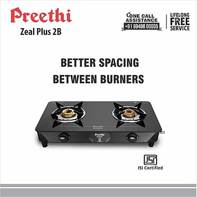Preethi Blu Flame Zeal Plus Glass Top 2-Burner Manual Gas Stove
