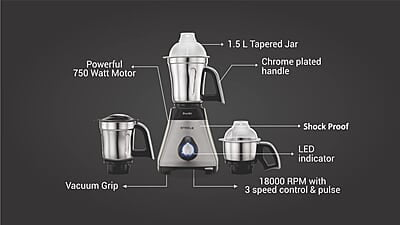 Preethi Steele Max MG-212 mixer grinder, 750 watt, Silver/Black, 3 Jars, Vega W5 motor with 2yr Guarantee