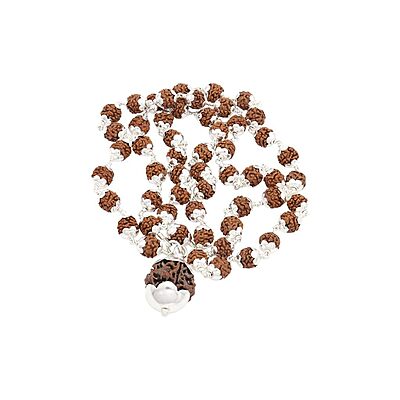 Silver tied Rudraksha Mala With Ruthratcham Pendant|With Certificate Silver tied Rudraksha Mala With Ruthratcham Pendant|With Certificate