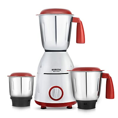 Borosil Best Mixer Grinder, For Wet/Dry Mixing & Grinding, 500 Watts, 3 Jars (400 ml Chutney Jar, 1.5 L Blending Jar, 1 L Grinding Jar), Mixie For Kitchen