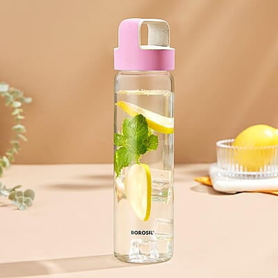 Borosil - Neo Glass Water Bottle|Fridge Bottle|Sports Bottle|Yoga Bottle|Outdoor|Picnic|Portable|Easy to Carry|Leak Proof|Resusable With Blue Handle, Transparent, Clear, See Through Bottle, 550 ML