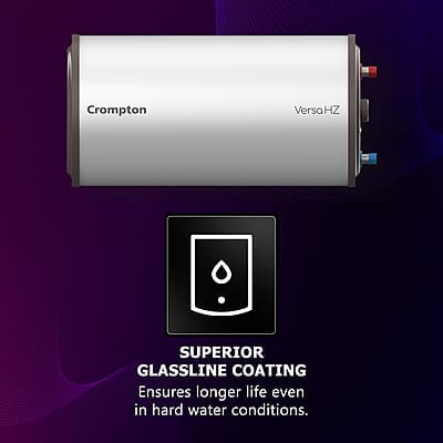 Crompton Versa Horizontal RHS 25L Storage Water Heater (Geyser) with Rust Proof Plastic body and Superior Glassline Coating