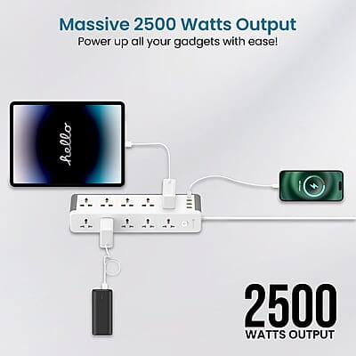 Portronics Power Plate 14 Extension Board with 10 Universal Sockets, 25W Type-C PD, 3 USB Charging Ports, 3 Meter Long Cord, 2500 Watts