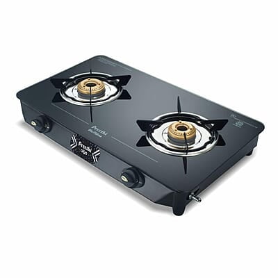 Preethi Alya Glass Top 2 Burner Gas Stove, Manual Ignition