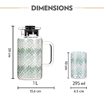 Borosil Artisan Series Vista 1000ml Multipurpose Jug with 2 pc Medium (295 ml) Glass Set | 100% Borosilicate, Fridge & Freezer, Dishwasher Safe | Glass Jug with Tumbler | Transparent