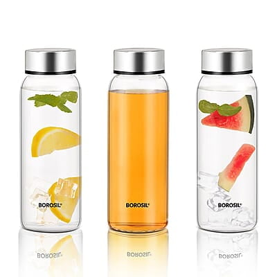 Borosil Crysto Wide Mouth Glass Water Bottle with Stainless Steel Lid | 750ml, Borosilicate Glass, Leakproof, Easy to Carry, Fridge & Dishwasher Safe | Can Use For, Lassi, Juice, Smoothies (3 Pc Set)