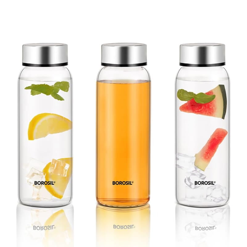 Borosil Crysto Wide Mouth Glass Water Bottle with Stainless Steel Lid | 750ml, Borosilicate Glass, Leakproof, Easy to Carry, Fridge & Dishwasher Safe | Can Use For, Lassi, Juice, Smoothies (3 Pc Set)