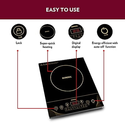 Borosil Smartkook-TC14 Electric Induction Cooktop, Glass Surface, Energy Saving, Flame-free Cooking, Black, 2000W