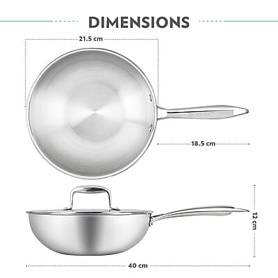Borosil 1.75 L Cookfresh Tri-ply Stainless Steel Wok with Lid | 20 Cm Kadhai for Deep Fry