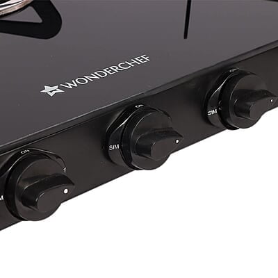 Wonderchef Glory 3 Burner Glass Cooktop, Black 8mm Toughened Glass Ergonomic Knobs, Stainless Steel Drip Tray, Manual Ignition Gas Stove Wonderchef Glory 3 Burner Glass Cooktop, Black 8mm Toughened Glass Ergonomic Knobs, Stainless Steel Drip Tray, Manual Ignition Gas Stove
