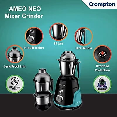 Crompton Ameo Neo 750 Watt Mixer Grinder with MaxiGrind and Motor Vent-X Technology