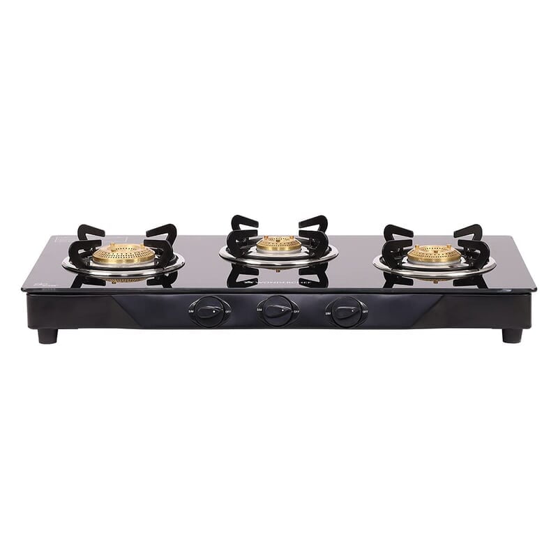 Wonderchef Glory 3 Burner Glass Cooktop, Black 8mm Toughened Glass Ergonomic Knobs, Stainless Steel Drip Tray, Manual Ignition Gas Stove Wonderchef Glory 3 Burner Glass Cooktop, Black 8mm Toughened Glass Ergonomic Knobs, Stainless Steel Drip Tray, Manual Ignition Gas Stove