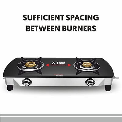 Preethi Bluflame Streak Plus Glass Top 2 Burner Gas Stove, with Jumbo Burner, Manual Ignition