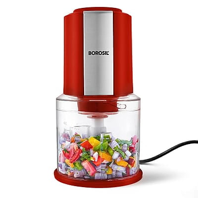 Borosil Chef Delite 300 Watts Electric Chopper for Kitchen, Twin Blade Technology, 600 ml 'chop-n-store' plastic bowl with lid, Vegetable Chopper, Cutter, Chop, Mince, Dice, Whisk, Blend, Red