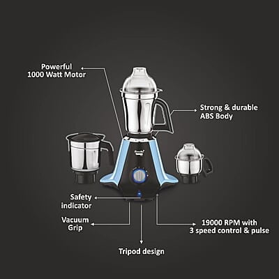 Preethi Plastic Taurus Pro Mg-259 Mixer Grinder, 1000 Watt, Blue-Black, 3 Jars, 2Yr Guarantee