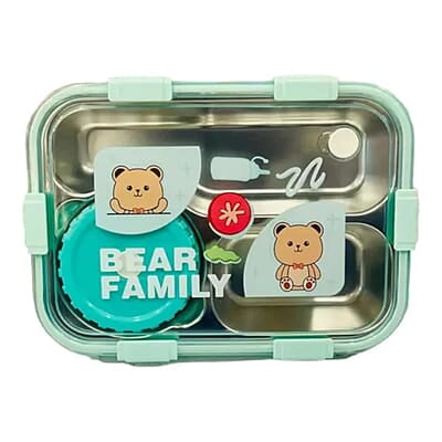 Bear Family Stainless Steel Lunch box| Tiffin Box with 700ML + 150 ML Capacity| Cutlery, Sealed Ring & Airtight container Bear Family Stainless Steel Lunch box| Tiffin Box with 700ML + 150 ML Capacity| Cutlery, Sealed Ring & Airtight container