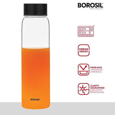 Borosil Crysto Glass Water Bottle, Water Bottle for Fridge Wide Mouth Borosilicate Glass Extreme Temperature Resistant For Hot & Cold Water, Milk, Lassi, Juice, Black Lid 750 ml, Stylish & Transparent