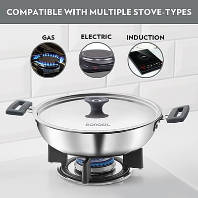 Borosil Cookfresh Triply Stainless Steel 3.6 L (26 Cm) Kadhai with Steel Handle| SS304 Food Grade Steel