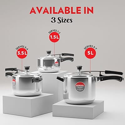Borosil Triply Induction Base Inner Lid Stainless Steel Pressure Cooker, 1.5 L