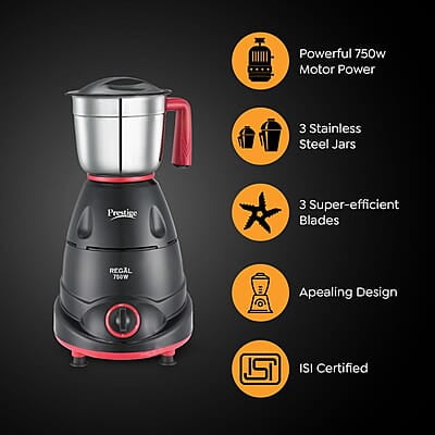 Prestige Regal 750W Mixer Grinder with 3 stainless-steel Jars