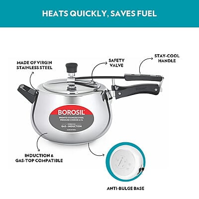 Borosil Pronto Induction Base Inner Lid Stainless Steel Pressure Cooker, 6.8 mm Thick Base, 6.5 L