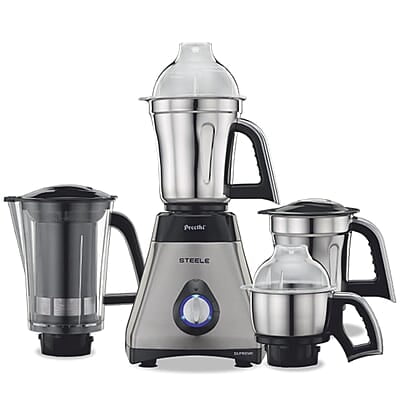 Preethi Steel Supreme MG-208 mixer grinder, 750 watt (Silver/ Black), 4 jars - Super Extractor juicer Jar, Vega W5