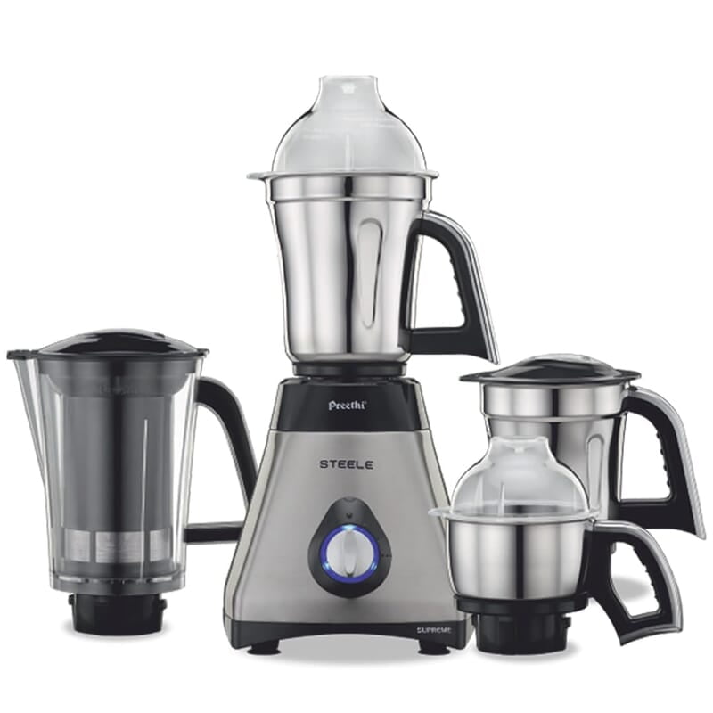 Preethi Steel Supreme MG-208 mixer grinder, 750 watt (Silver/ Black), 4 jars - Super Extractor juicer Jar, Vega W5