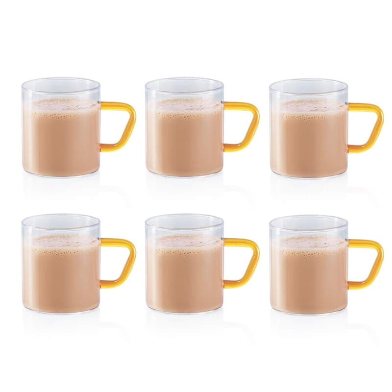Borosil Vision 6 Pcs Tea n Coffee Borosillicate Glass 190 ml Classic Mug Set with Green Handle | Microwave Safe, Scratch Resistance, Lightweight | for Chai, Green Tea, Milk | Transparent
