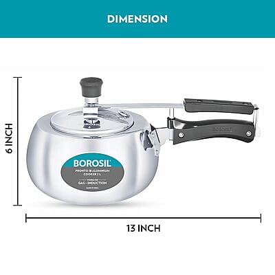 Borosil Pronto Induction Base Inner Lid Aluminium Pressure Cooker, 3.6 mm Thick Base, 2 L, Silver