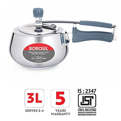Borosil Pronto Edge Induction Base Inner Lid Stainless Steel Pressure Cooker, 3 L