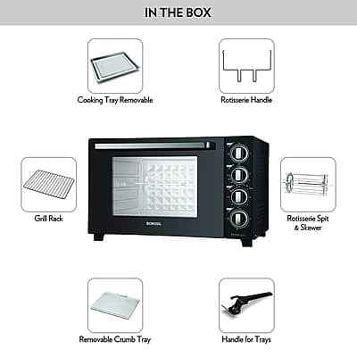 Borosil Prima 60 L Oven Toaster & Grill, Motorised Rotisserie & Convection Heating, 12 Heating Modes, Black