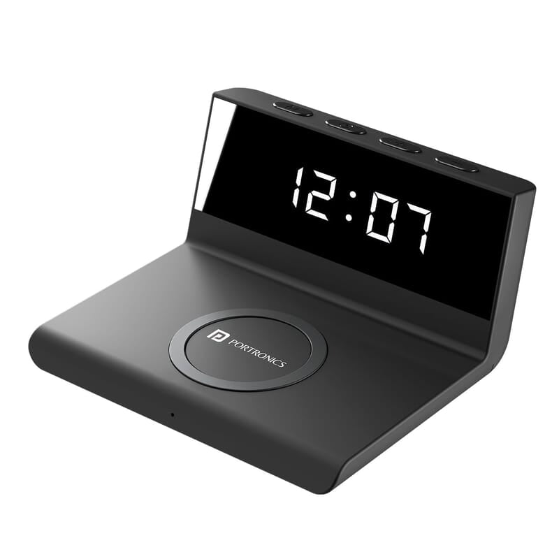 Portronics Freedom 4A Digital Alarm Clock with 15 W Fast Wireless Mobile Charger, Compatible with The iPhone Series