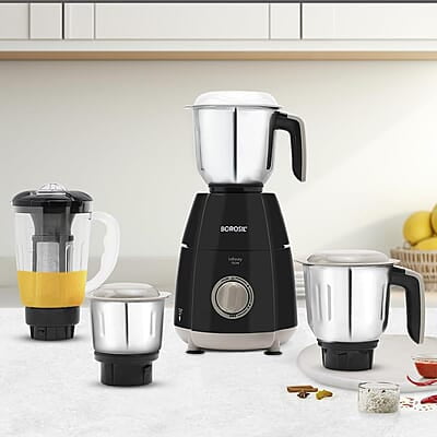 Borosil 750W Infinity Mixer Grinder with 4 Stainless Steel Jars (1.5L Jar with Fruit Filter, 1.5L Blending Jar, 1L Dry/Wet Grinder Jar, 400ml Chutnery Jar), Kitchen Mixie, 5 Years Warranty on Motor