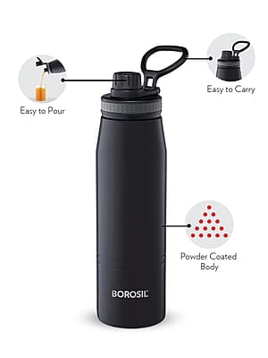 Borosil Hydra GoSports 900 ml Stainless Steel Wate Bottle | Double Wall Vacuum Insulated Flask, Black | 14 Hrs Hot & 18 Hours Cold | Ideal for Personal & Corporate Gifting