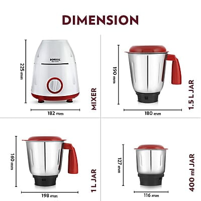Borosil Best Mixer Grinder, For Wet/Dry Mixing & Grinding, 500 Watts, 3 Jars (400 ml Chutney Jar, 1.5 L Blending Jar, 1 L Grinding Jar), Mixie For Kitchen