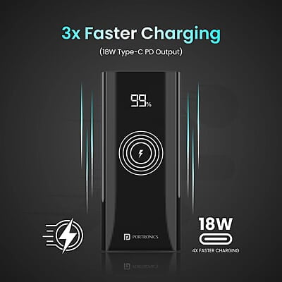 Portronics Power 10 10000 mAh 22.5 W PD Fast Charging  15W Li-Polymer Premium Edition Wireless Power Bank
