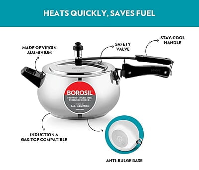 Borosil Pronto Induction Base Stainless Steel Inner Lid Pressure Cooker 5L