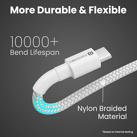 Portronics Konnect B Type C Cable with 3.0A Output, Nylon Braided, Fast Data Sync, Tangle Resistant, 1M Length(White) Portronics Konnect B Type C Cable with 3.0A Output, Nylon Braided, Fast Data Sync, Tangle Resistant, 1M Length(White)