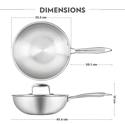 Borosil Cookfresh 2.85 L Tri-ply Stainless Steel Wok with Lid | 24 Cm Kadhai for Deep Fry