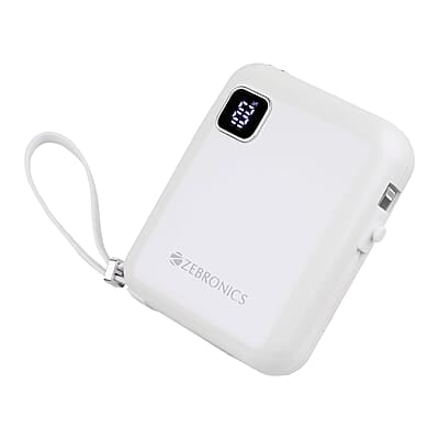 ZEBRONICS MW64 Compact Power Bank, 10000 mAh, Rapid Charge, 22.5W Output, Outputs - Type C Cable | Type C Port | Lightning Port, Percentage Indicator