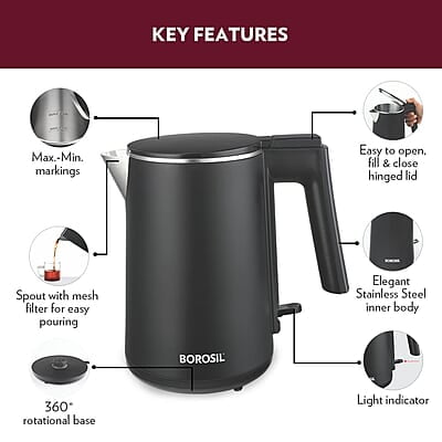 Borosil Cooltouch Electric Kettle, Stainless Steel Inner Body, Boil Water For Tea, Coffee, Soup, 1 L,
