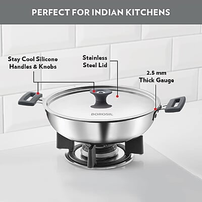 Borosil Cookfresh Tri-ply Stainless Steel Kadhai with Lid, Induction Friendly, 2.5 L, 24 cm Dia