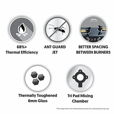 Preethi Alya Glass Top 2 Burner Gas Stove, Manual Ignition