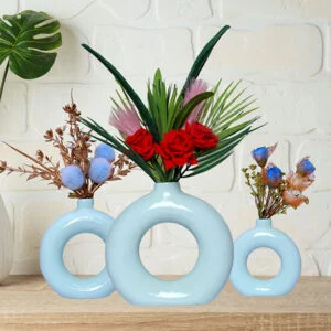 Donut-Shaped Flower Vases for Home Decor, Set of 3 (Light Blue) Polyresin – 8 Inch